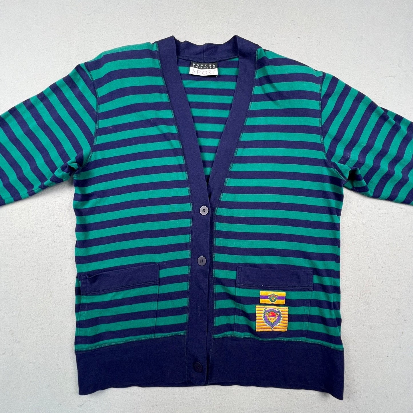 Sandra Ingrish Sport Cardigan Womens L Blue Green Striped Preppy Crest V-Neck