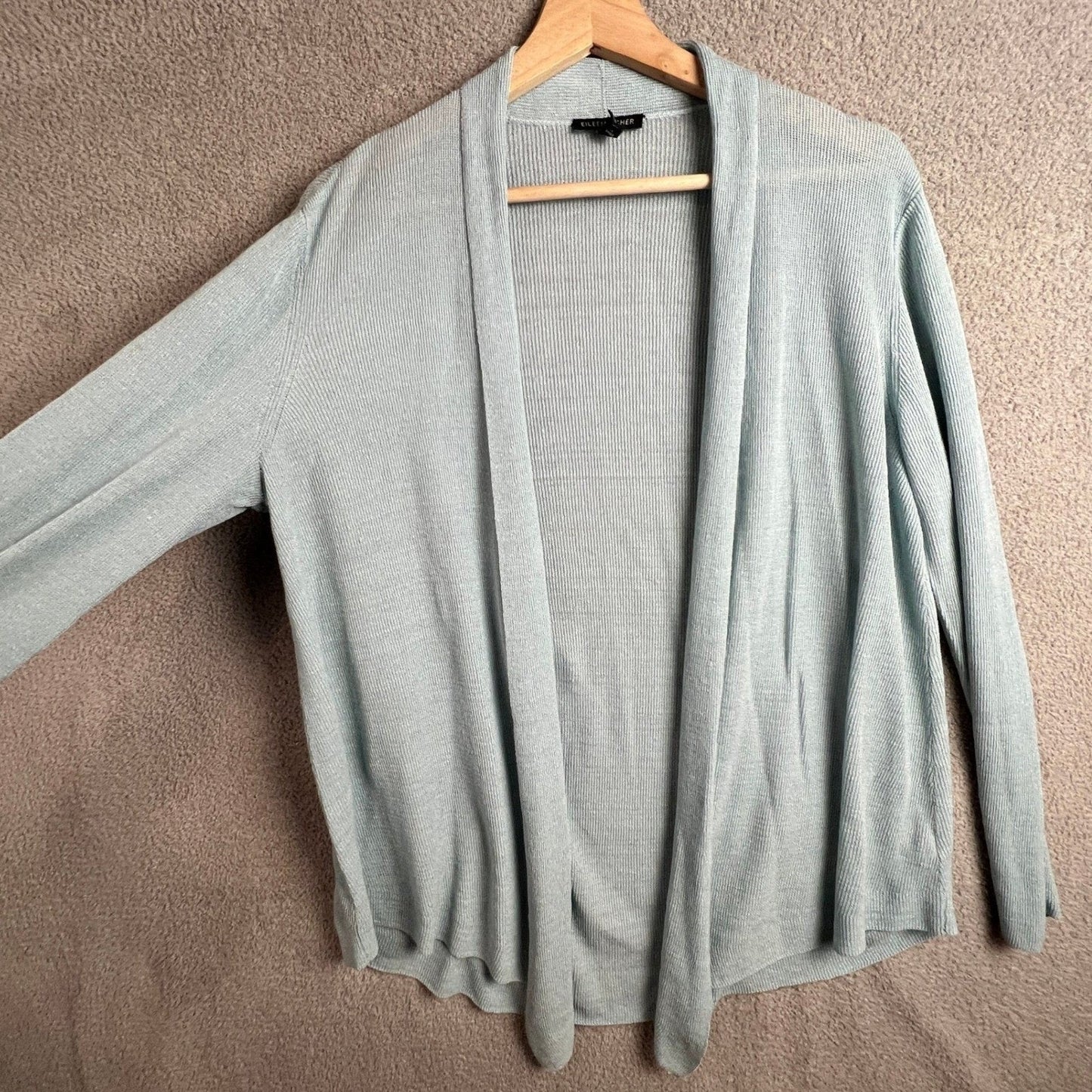 Eileen Fisher Cardigan Sweater XL Linen Blend Ribbed Open Front Lt Blue