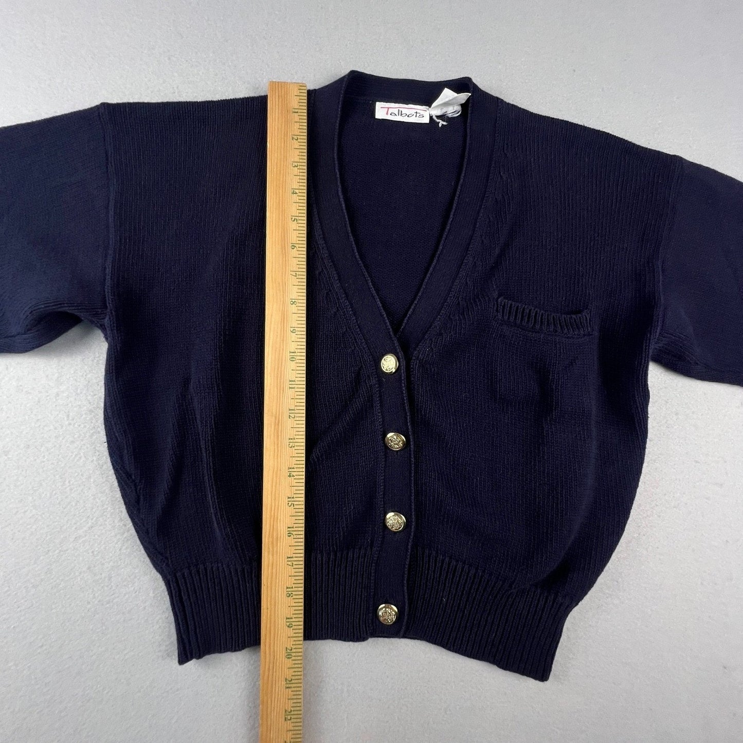 Talbots Cardigan Sweater Womens Medium Navy Blue Gold Crest Button Cotton Preppy