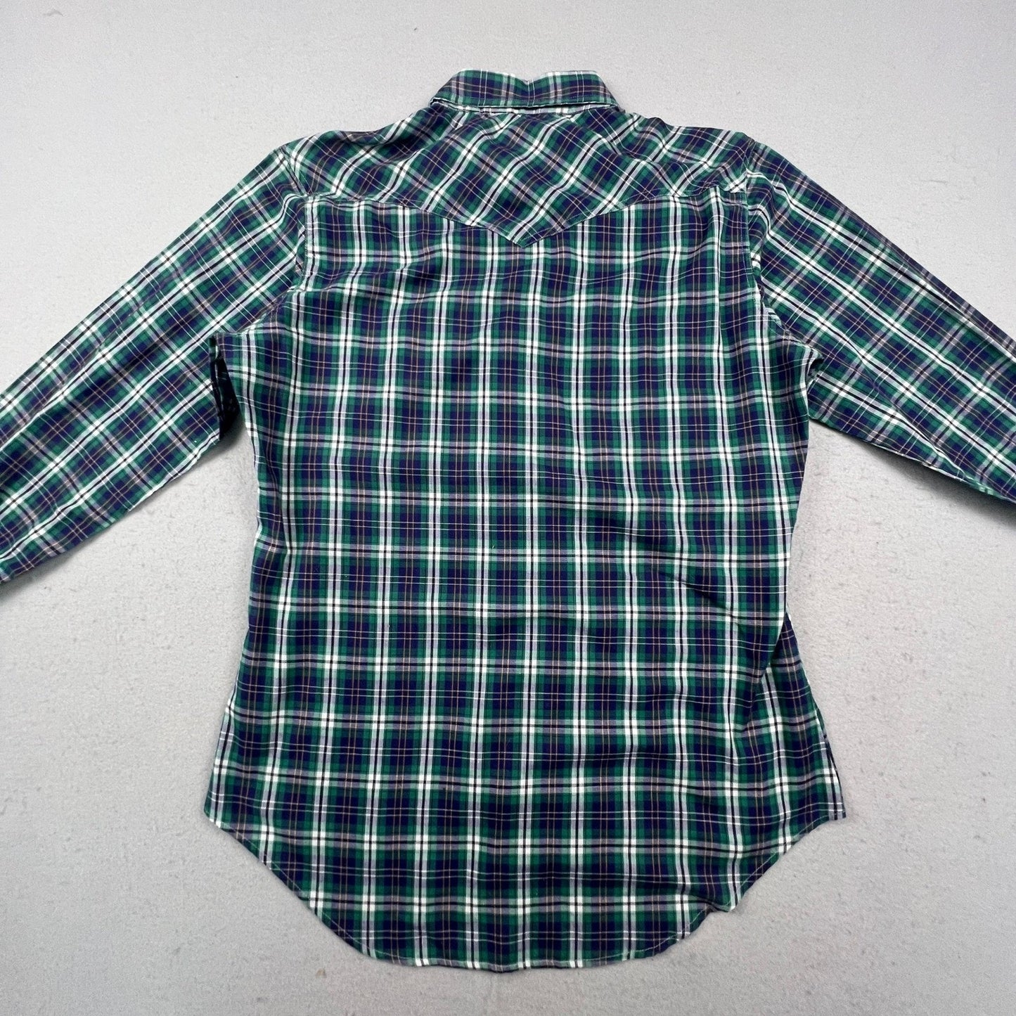 Sears Western Wear Pearl Snap Shirt Mens Medium Green Plaid Vintage Cowboy Yoke