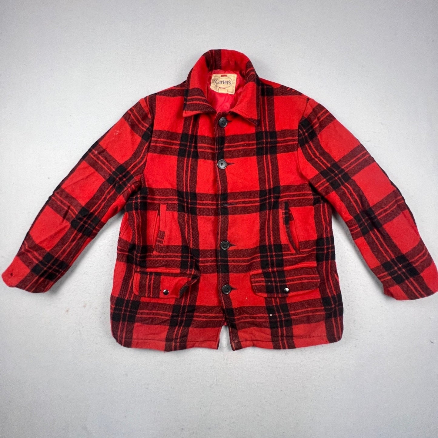Vintage Carters Hunting Jacket Mens 44 Red Plaid Wool Buffalo Check Cruiser Coat