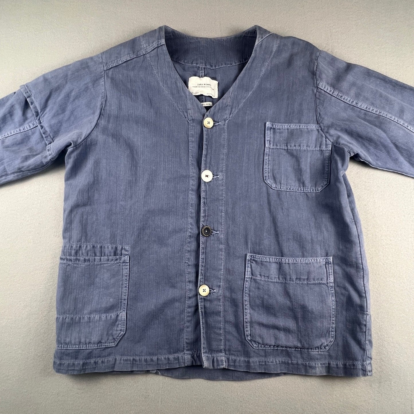 Zara Chore Jacket Womens Medium Blue Cotton Linen Utility Workwear Shacket M