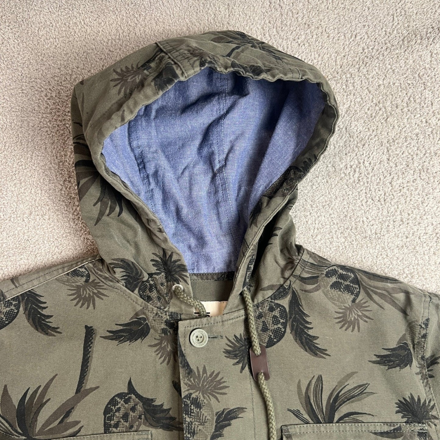 Vans Hooded Jacket Mens Medium Tropical Palm Tree Print Chore Coat Olive