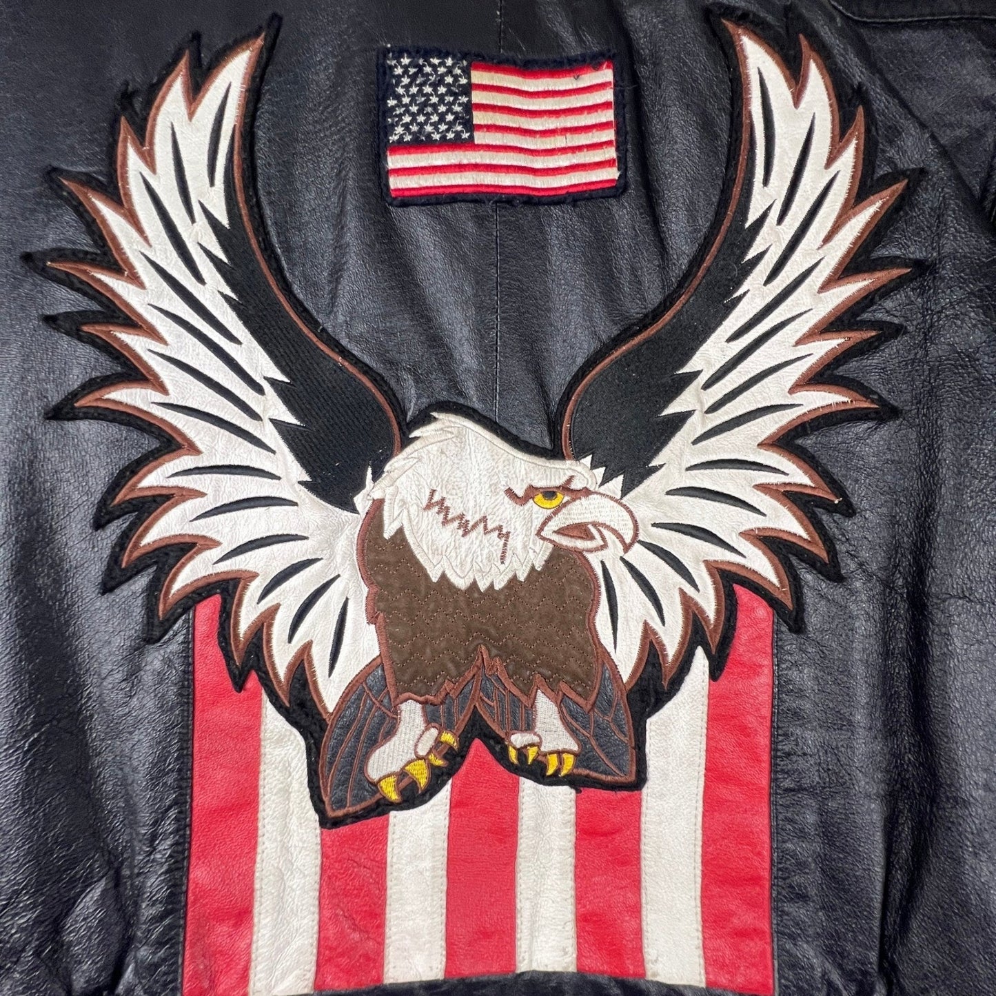Leather Bomber Jacket Mens L Black USA Eagle Patriotic Biker Vintage Rocker