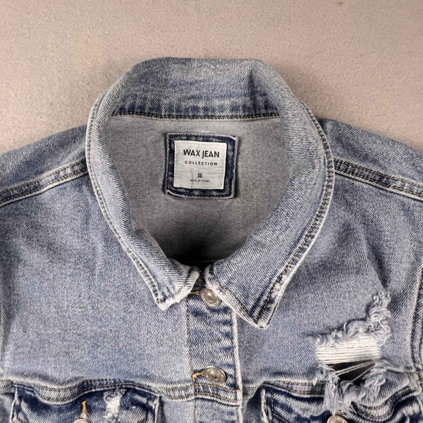 Wax Jean Denim Vest Women 3XL Blue Distressed Cropped Jean Jacket Sleeveless