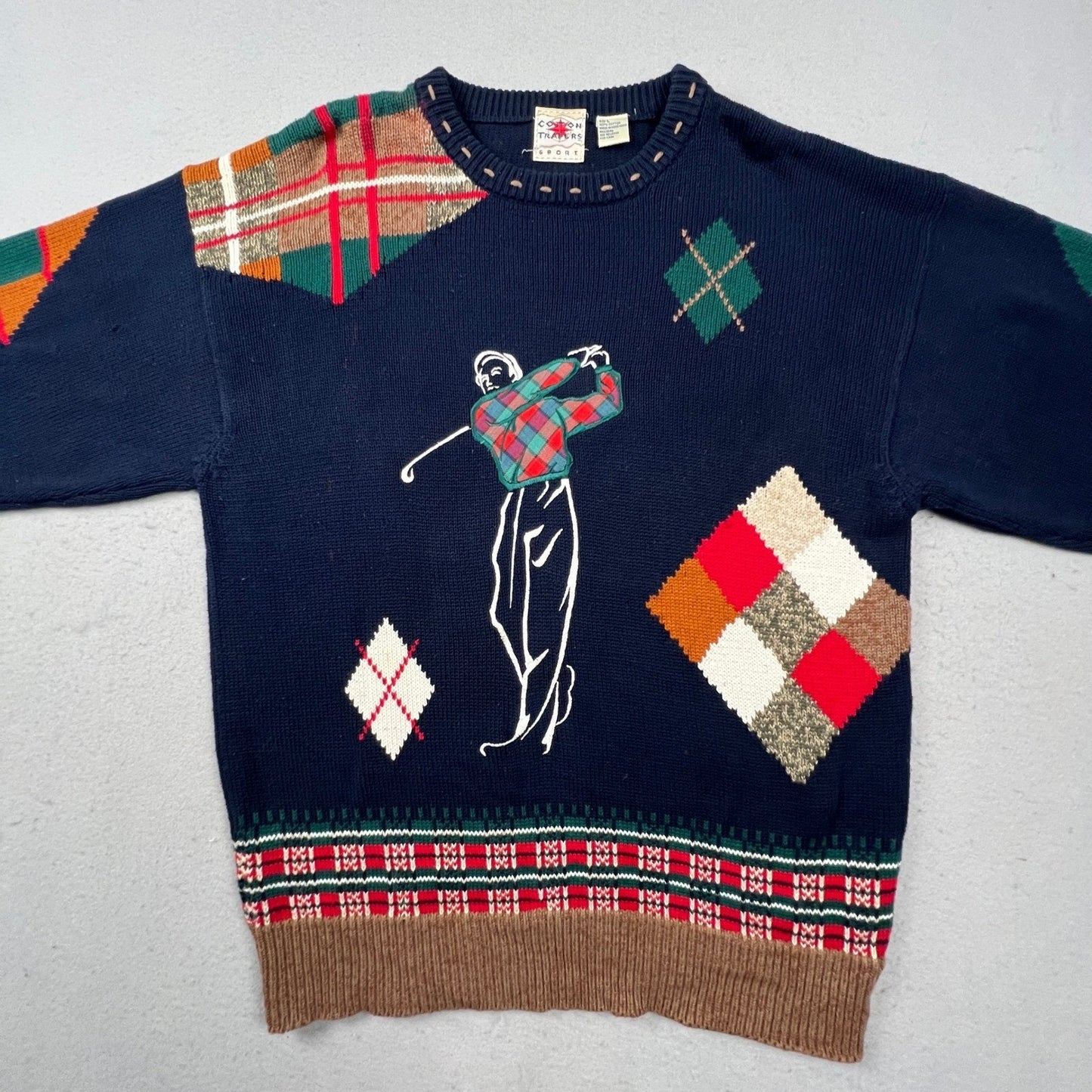 Cotton Traders Golf Sweater Mens Large Navy Blue Argyle Plaid Intarsia Vintage