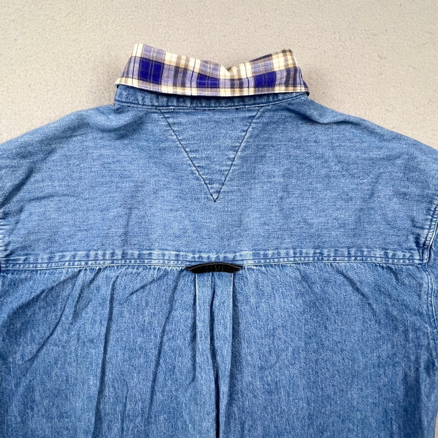 VTG Tommy Hilfiger Denim Shirt Womens Medium Blue Corduroy Pocket Plaid Trim