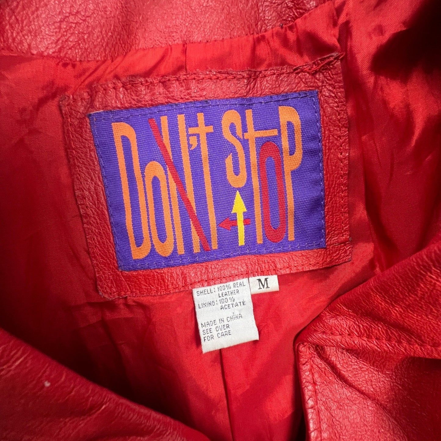 VTG 80s Don't Stop Leather Jacket Women Medium Red Zip Vintage Biker Chic Retro