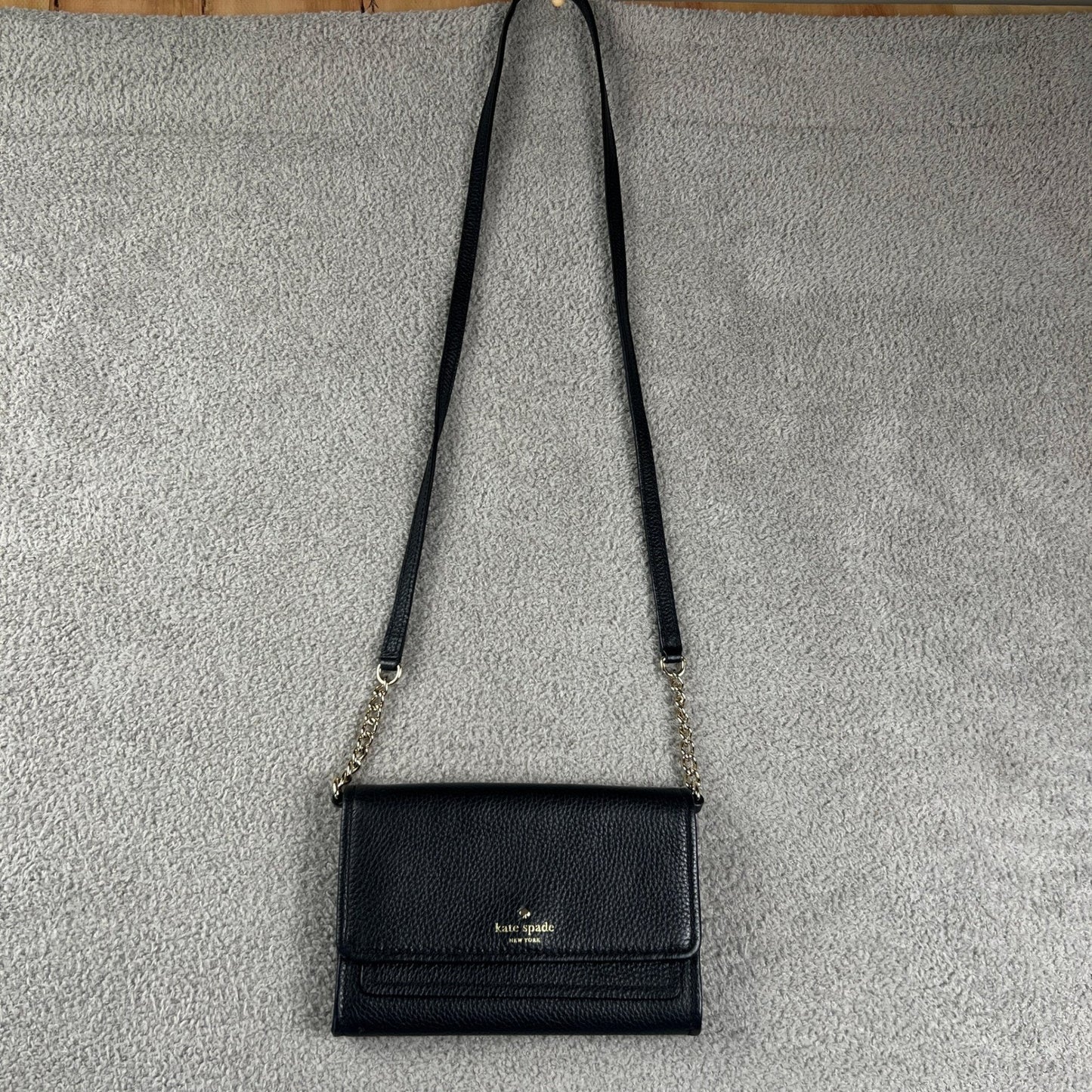 Kate Spade Black Pebbled Leather Crossbody Bag Gold Chain Strap Clutch Wallet