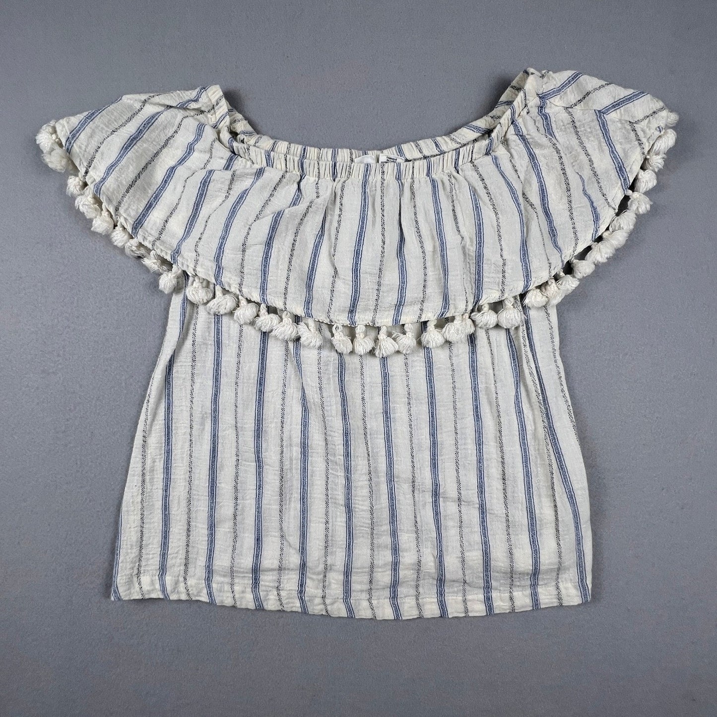Artisan NY Off Shoulder Top Womens Small White Blue Striped Pom Pom Boho Blouse