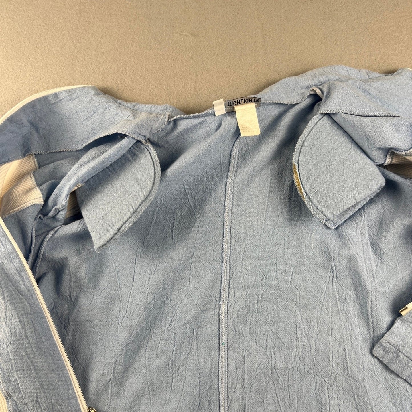 VTG Highlights Zip Up Shirt Womens Large Blue White Ribbed Panel Shoulder Pads