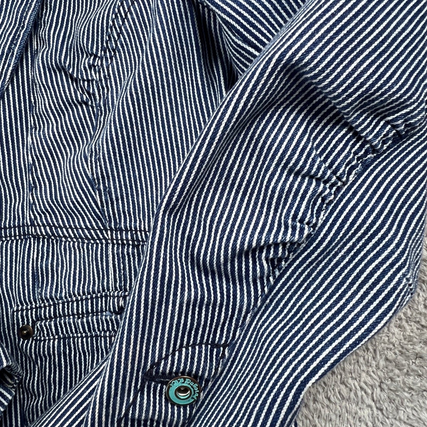BB Dakota Hickory Stripe Denim Blazer Womens Medium Blue Fitted Peplum Jacket
