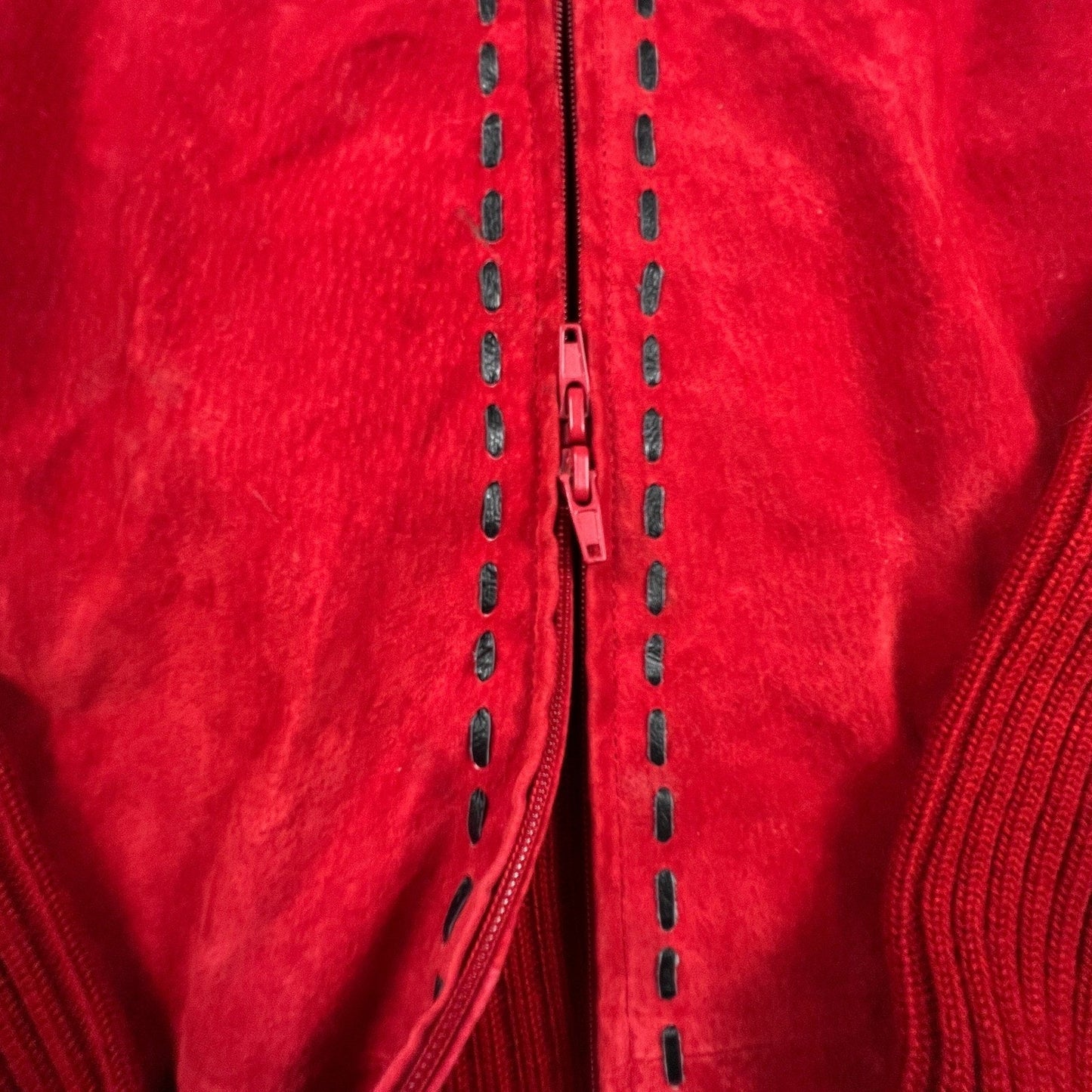 Jessie Sport Leather Jacket Women 1X Red Suede Ribbed Knit Mixed Media Zip Up