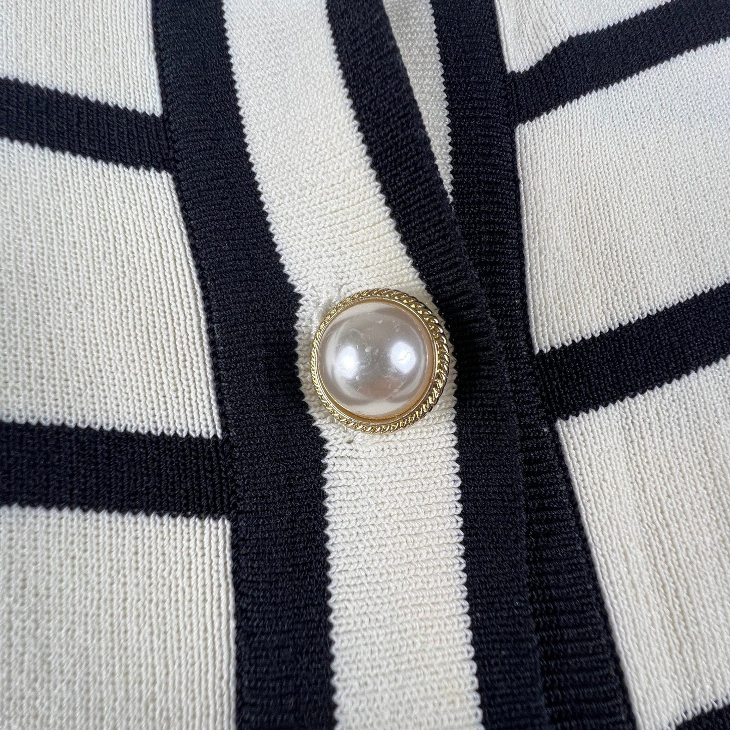 PrettyGarden Cardigan Sweater Womens XL White Black Striped Pearl Button Preppy