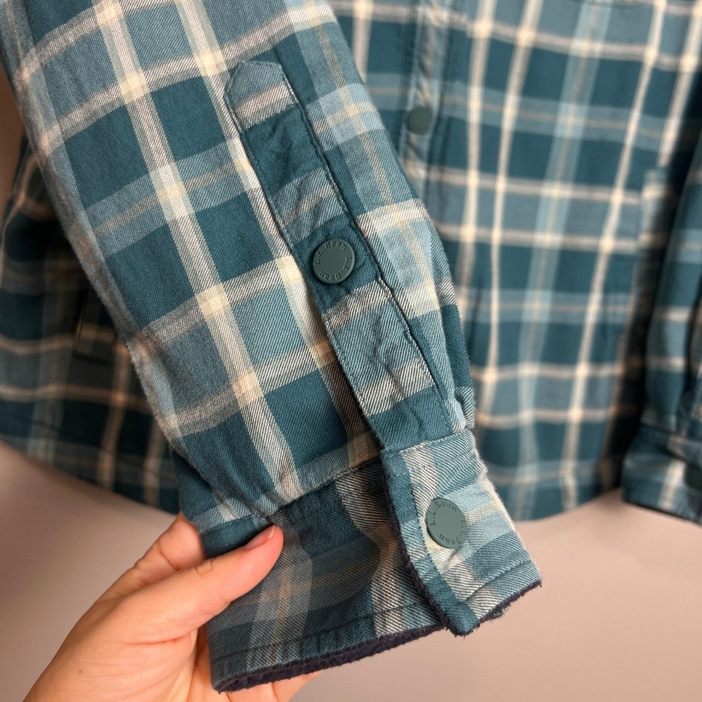 L.L. Bean Fleece Lined Shirt Jacket Mens Medium Plaid Teal/Cream Snap Button