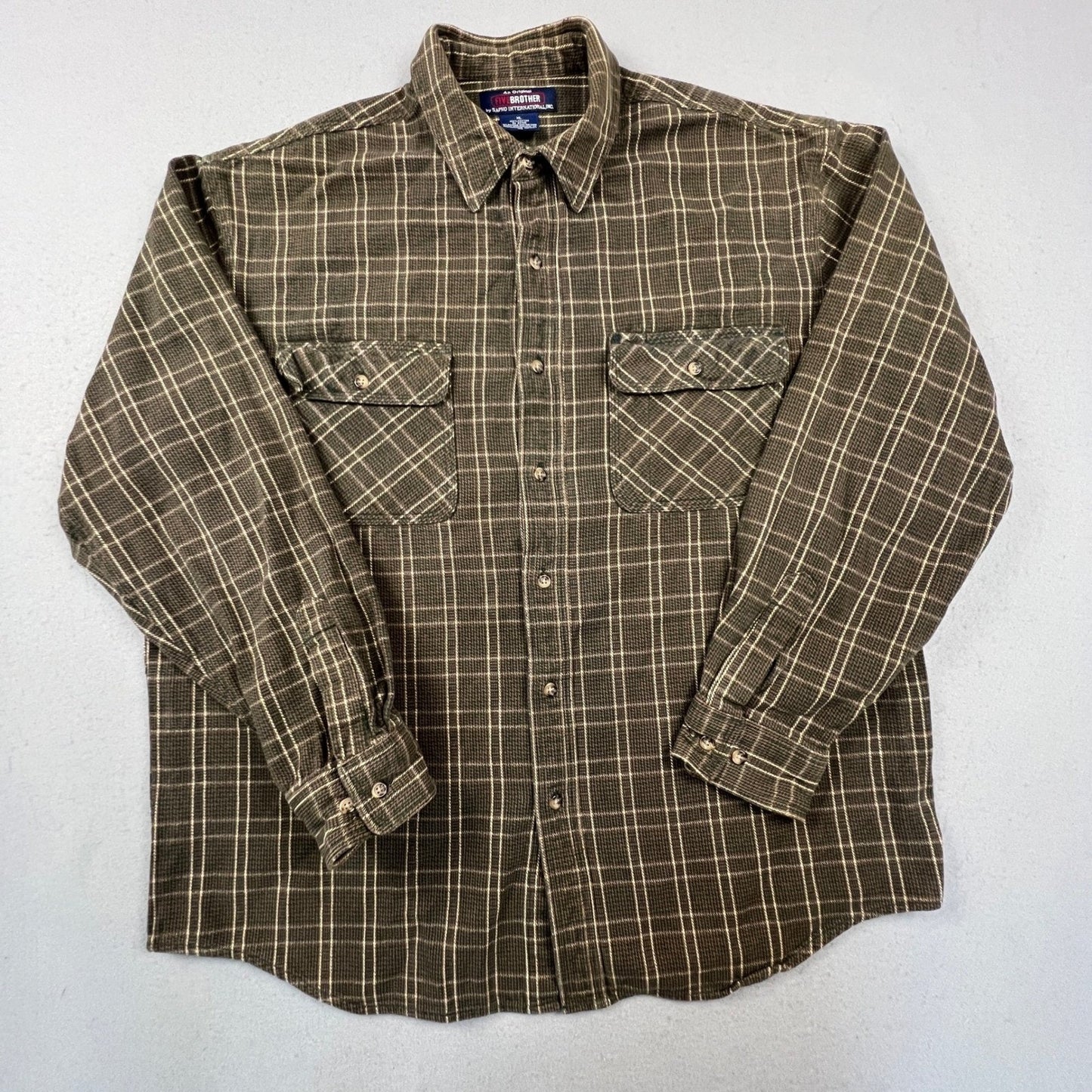 Five Brother Flannel Shirt Mens XL Green Brown Plaid Heavy Cotton Workwear Vtg