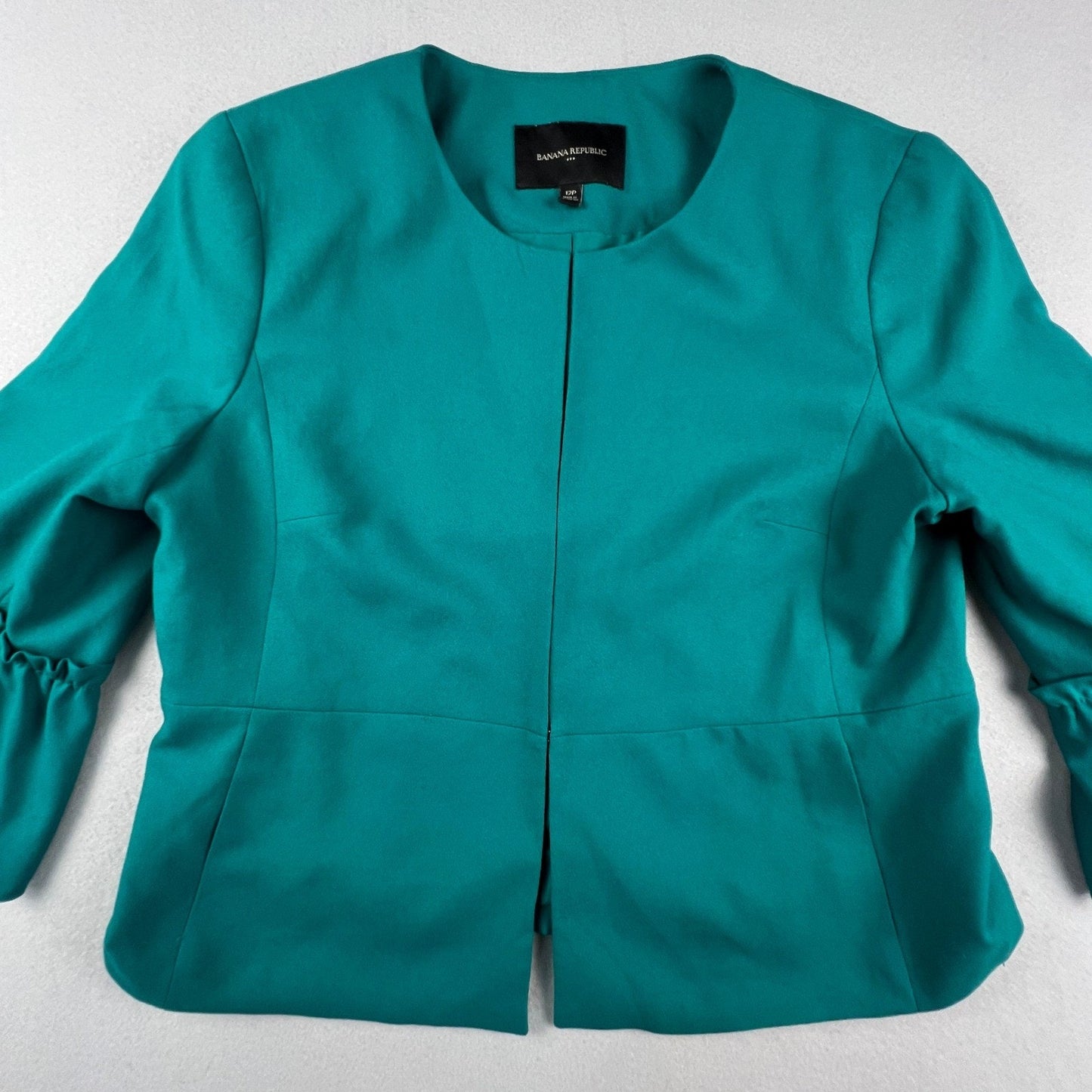 Banana Republic Bell Sleeve Jacket Womens 12P Teal Ruffle Cropped Professional