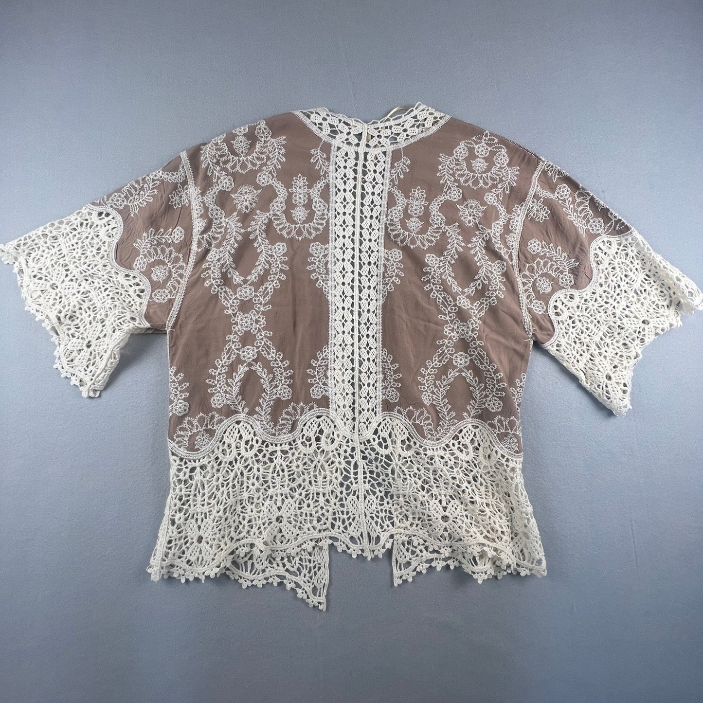 Crochet Lace Kimono Cardigan Womens M Brown Embroidered Boho Sheer Layer