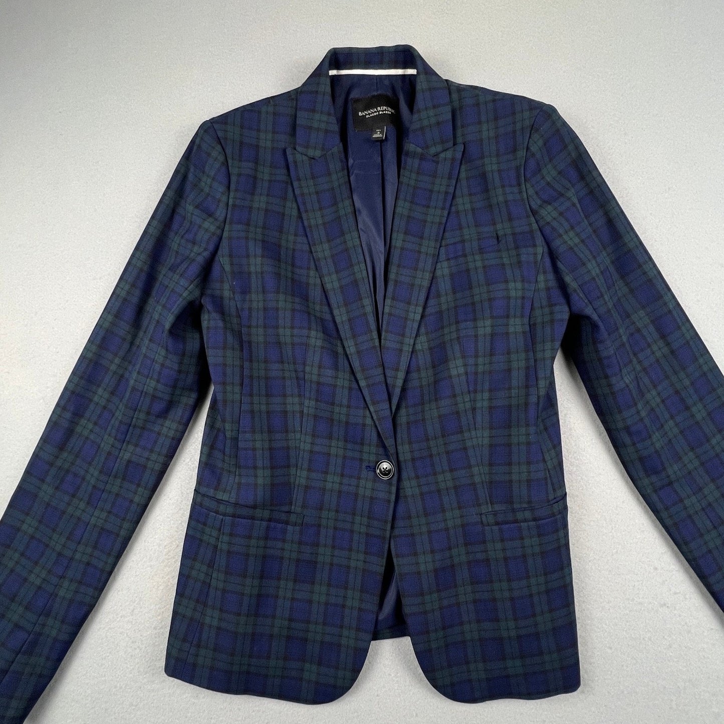 Banana Republic Classic Blazer Womens 4 Tall Navy Green Plaid Tailored Career