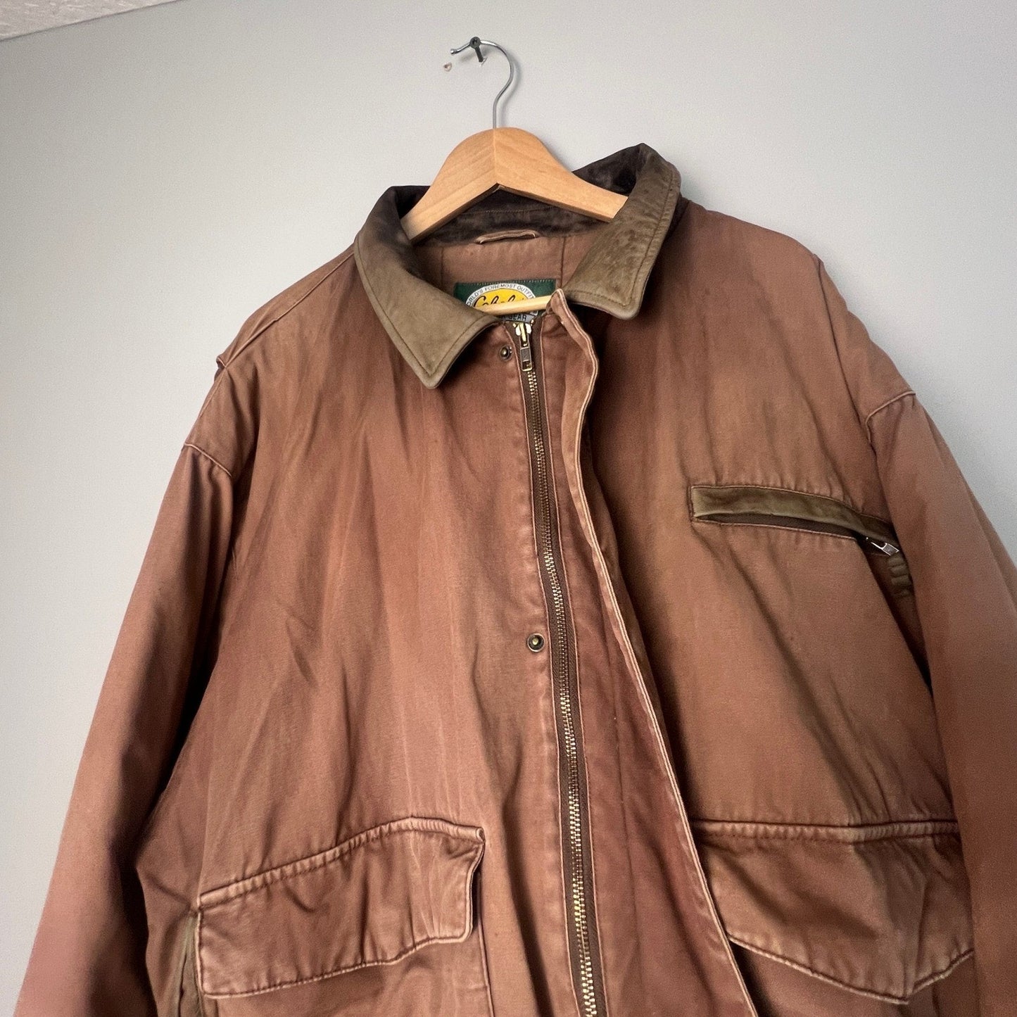 VTG Cabelas Canvas Jacket Mens XL Brown Leather Collar Workwear Outdoor Coat Job