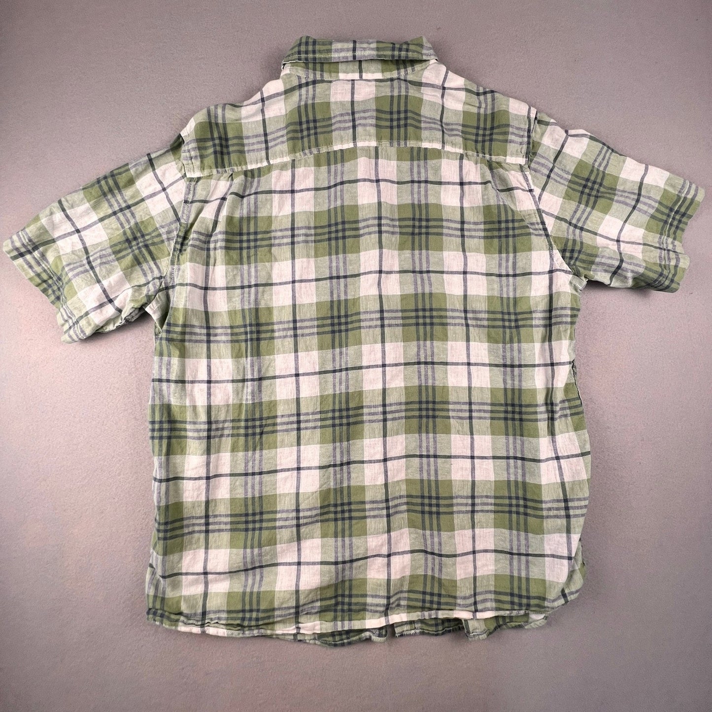 Weatherproof Vintage Plaid Shirt Mens XL Green Linen Blend Short Sleeve Casual