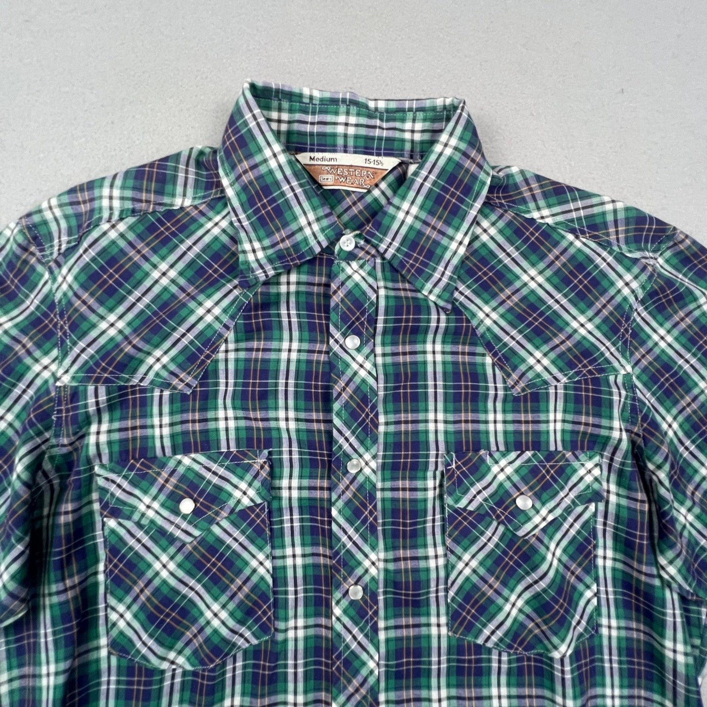 Sears Western Wear Pearl Snap Shirt Mens Medium Green Plaid Vintage Cowboy Yoke