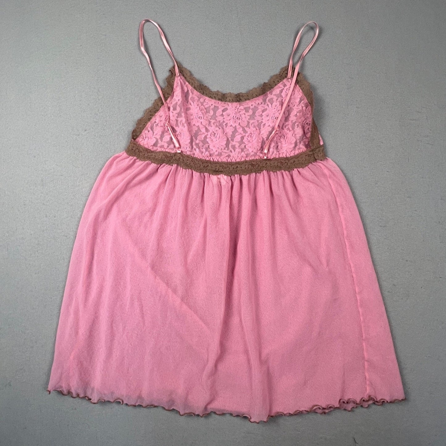 VTG Y2K Babydoll Camisole Women S Pink Brown Lace Mesh Chemise Nightgown