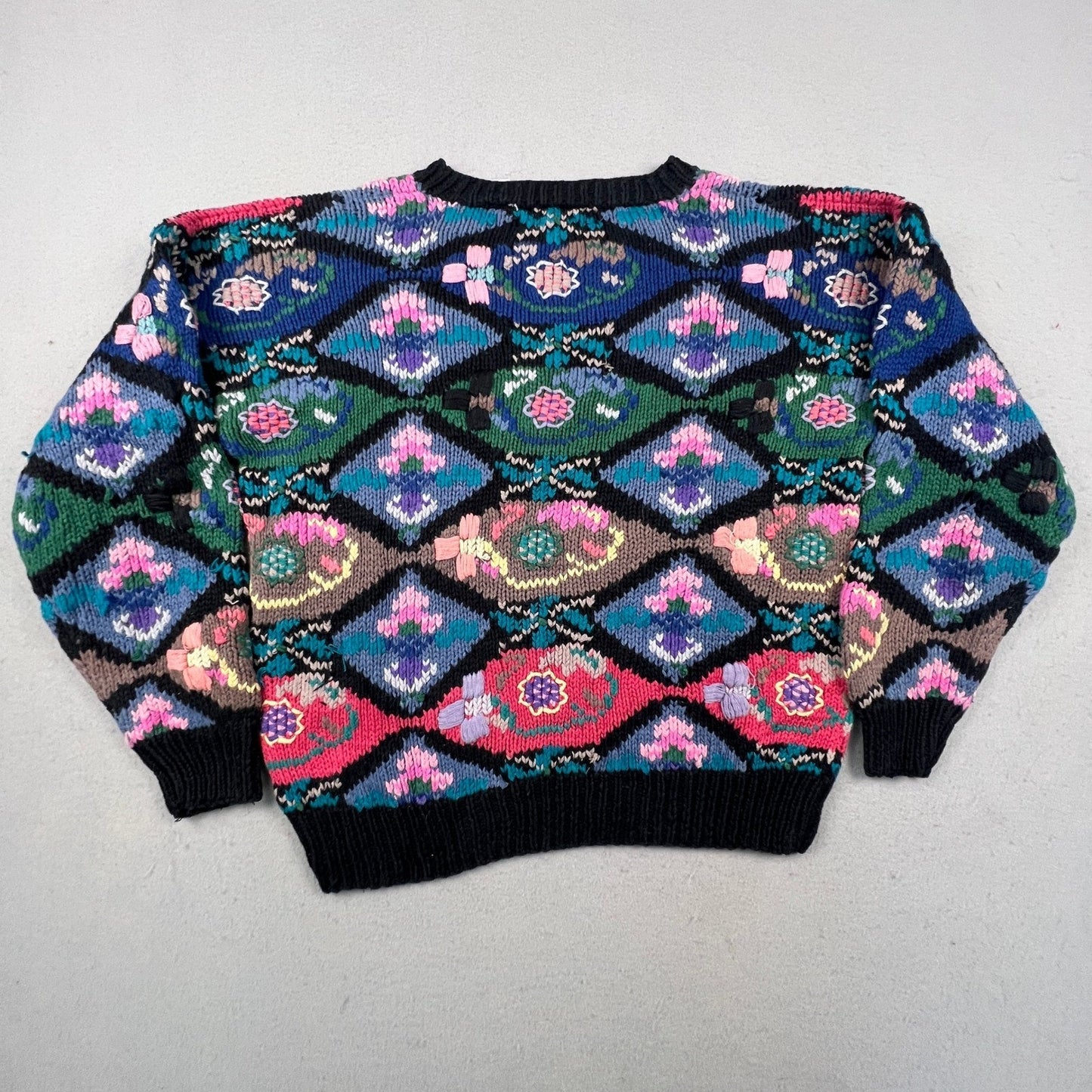 Northern Isles Sweater Womens Small Multi Diamond Floral Hand Knit Vintage 90s