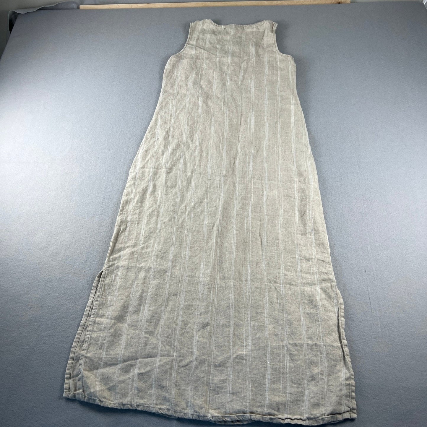 Garnet Hill Maxi Dress Womens 6 Beige Linen Striped Sleeveless Pockets Lagenlook