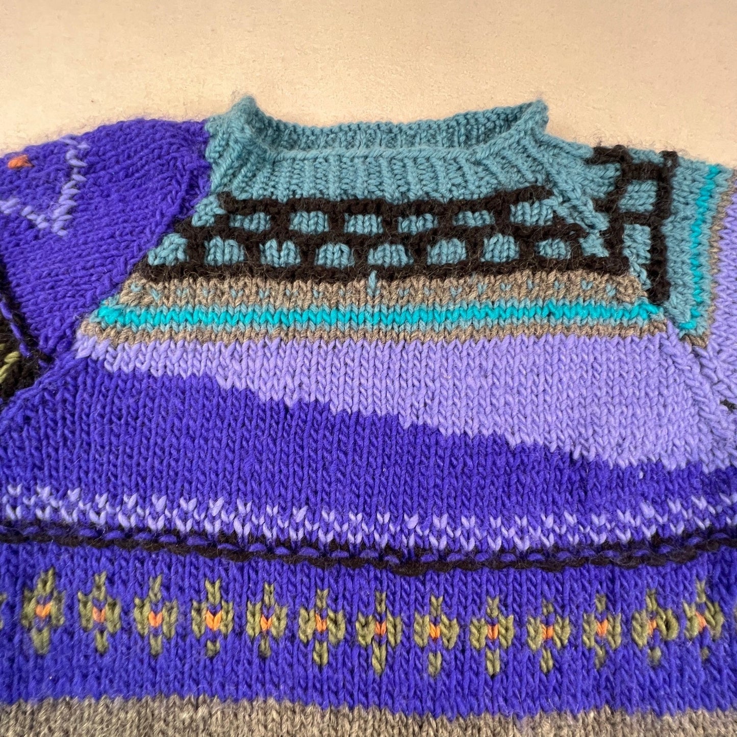 Hand Knit Sweater Dress Womens M Purple Turquoise Abstract Fair Isle Boho 3D VTG