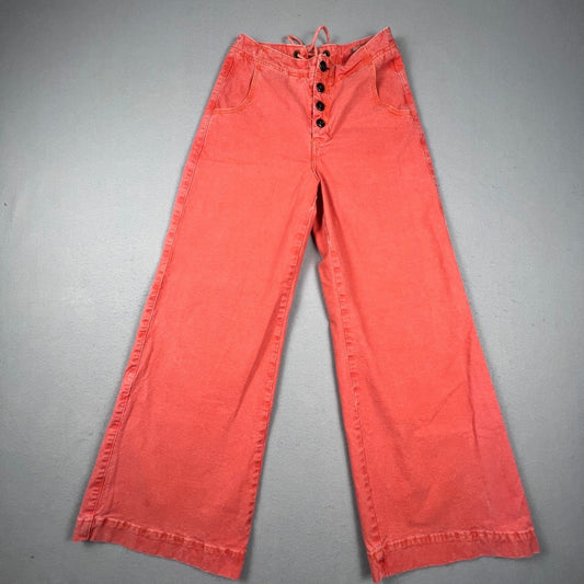 Pilcro Pants Women 27 Coral Wide Leg Button Fly Lace Up Back Boho Anthropologie