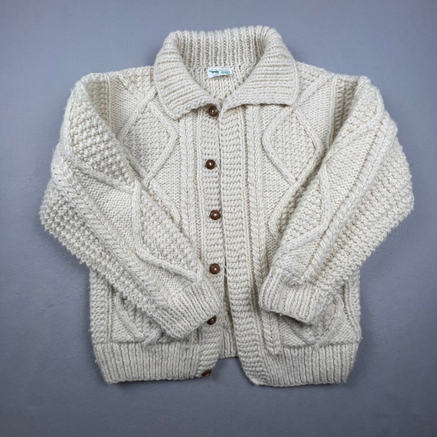 Vintage Hand Knit Cardigan Sweater Mens L Cream Wool Cable Knit Ecuador C.C.H.