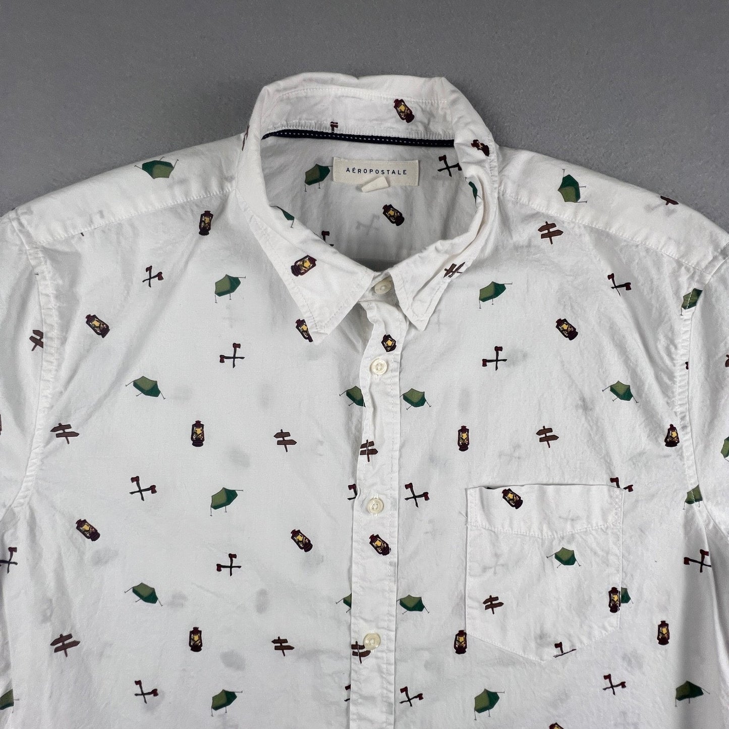 Aeropostale Button Down Shirt Mens XL White Camping Print Cotton Short Sleeve