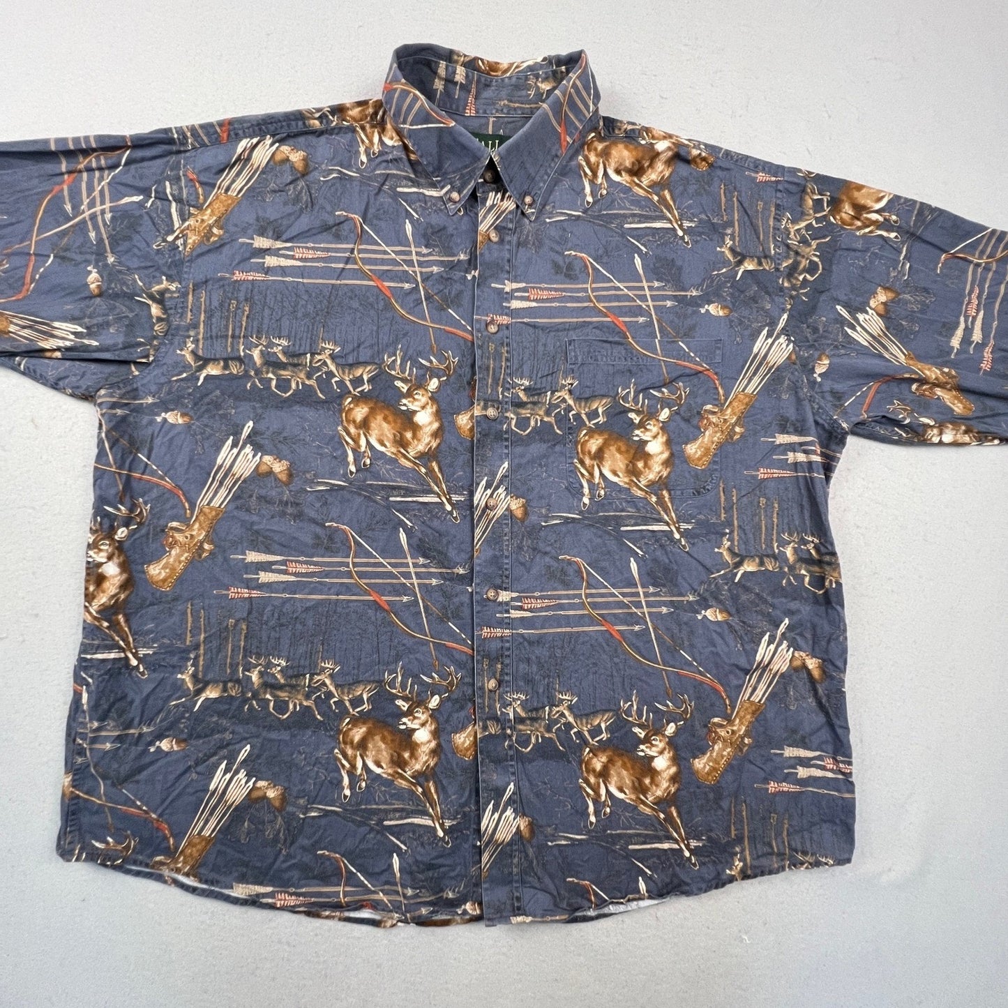 Gallop Button Down Shirt Mens XXL Blue Deer Bow Arrow Print Long Sleeve Hunting