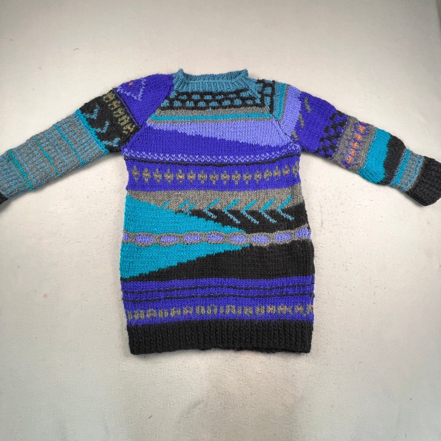 Hand Knit Sweater Dress Womens M Purple Turquoise Abstract Fair Isle Boho 3D VTG