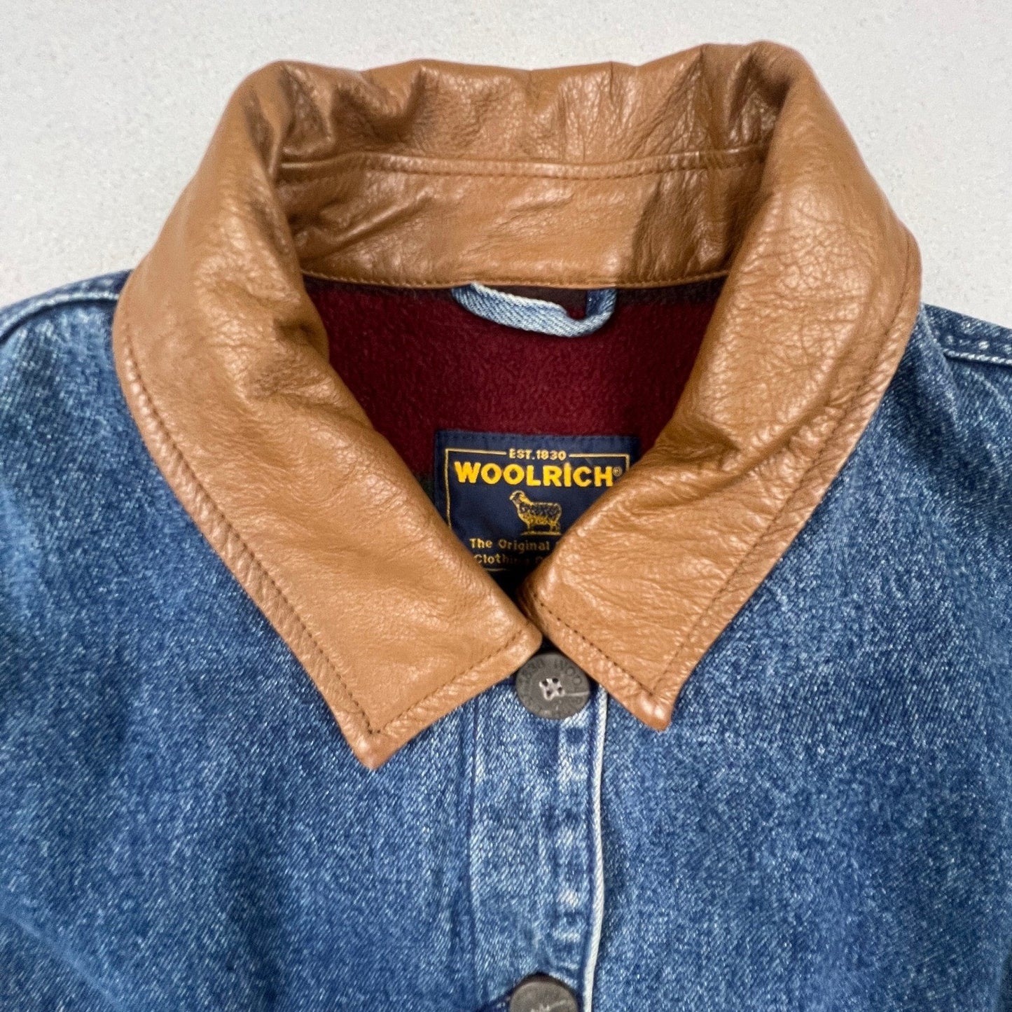 Woolrich Denim Barn Jacket Womens L Blue Leather Collar Fleece Lined Workwear