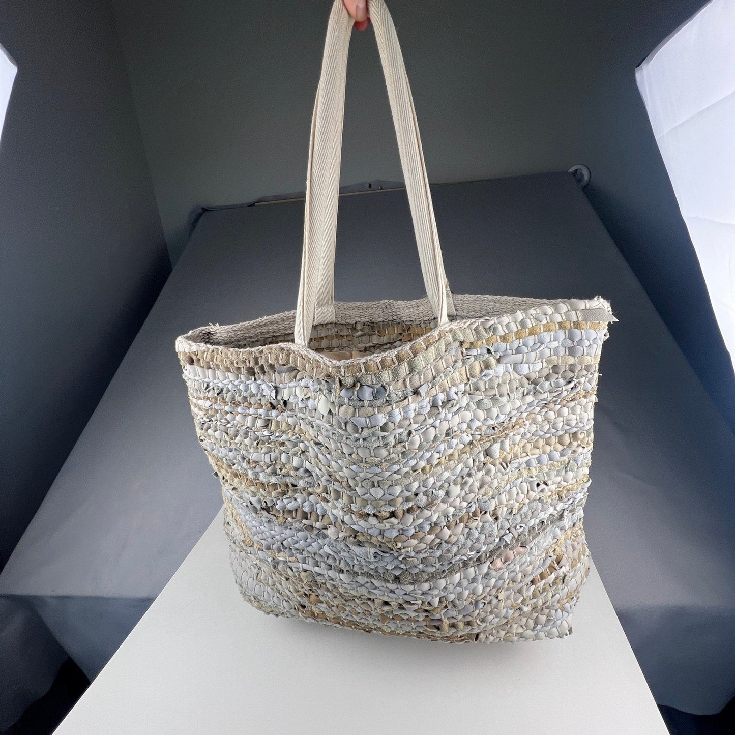 Handcrafted Upcycled Woven Tote Bag Large Neutral Boho Eco-Friendly Beach Travel