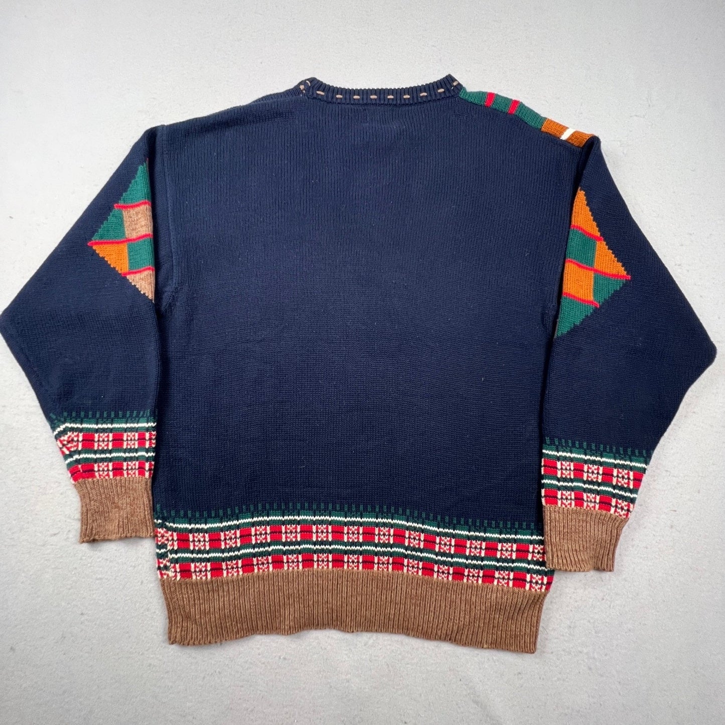 Cotton Traders Golf Sweater Mens Large Navy Blue Argyle Plaid Intarsia Vintage