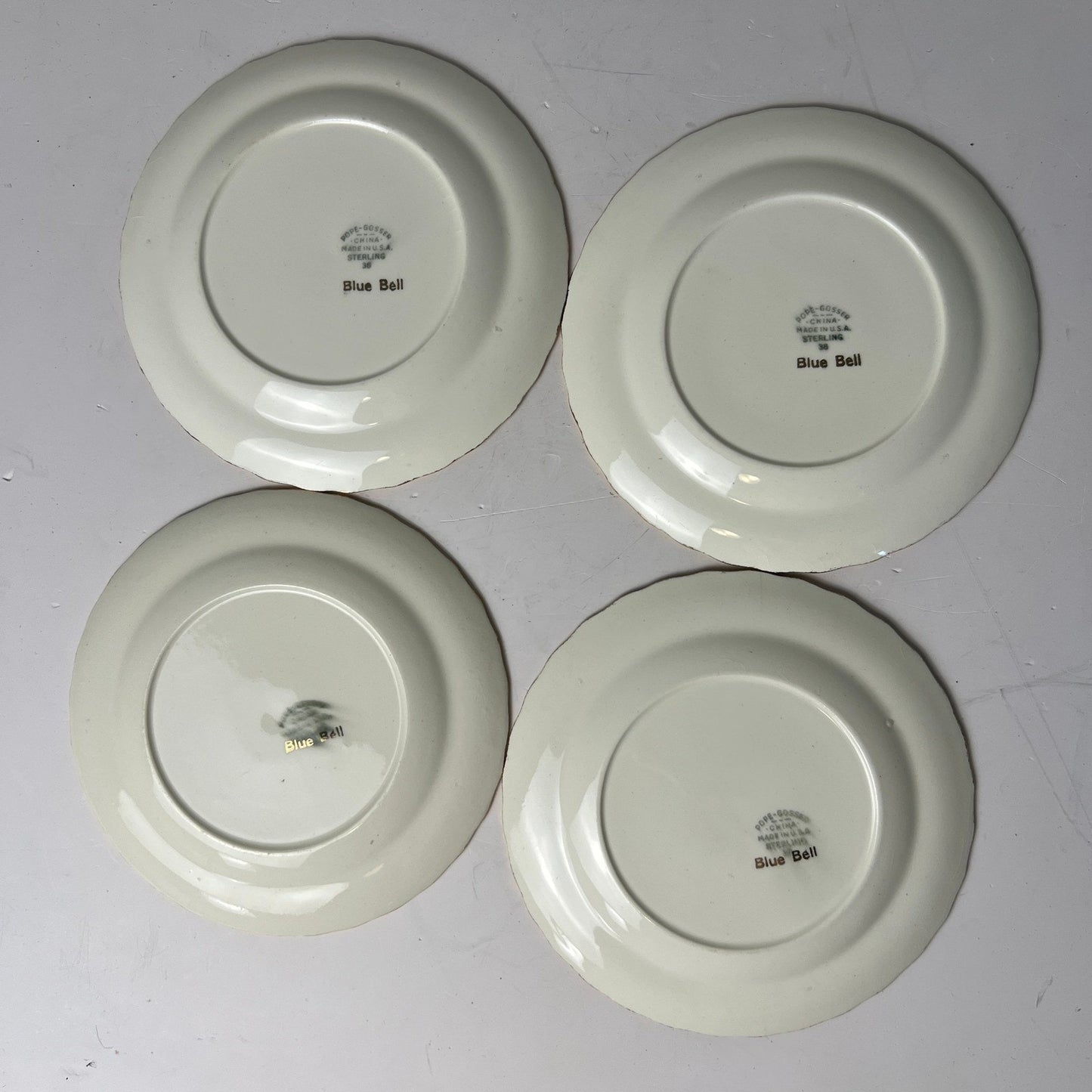 VTG 50s Pope-Gosser Blue Bell Bread Plates Set of 4 White Gold Trim Grandmacore