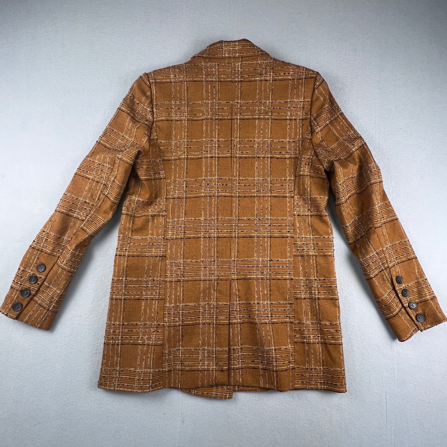 Free People Brown Plaid Longline Blazer Womens S Double Breasted Preppy Academia