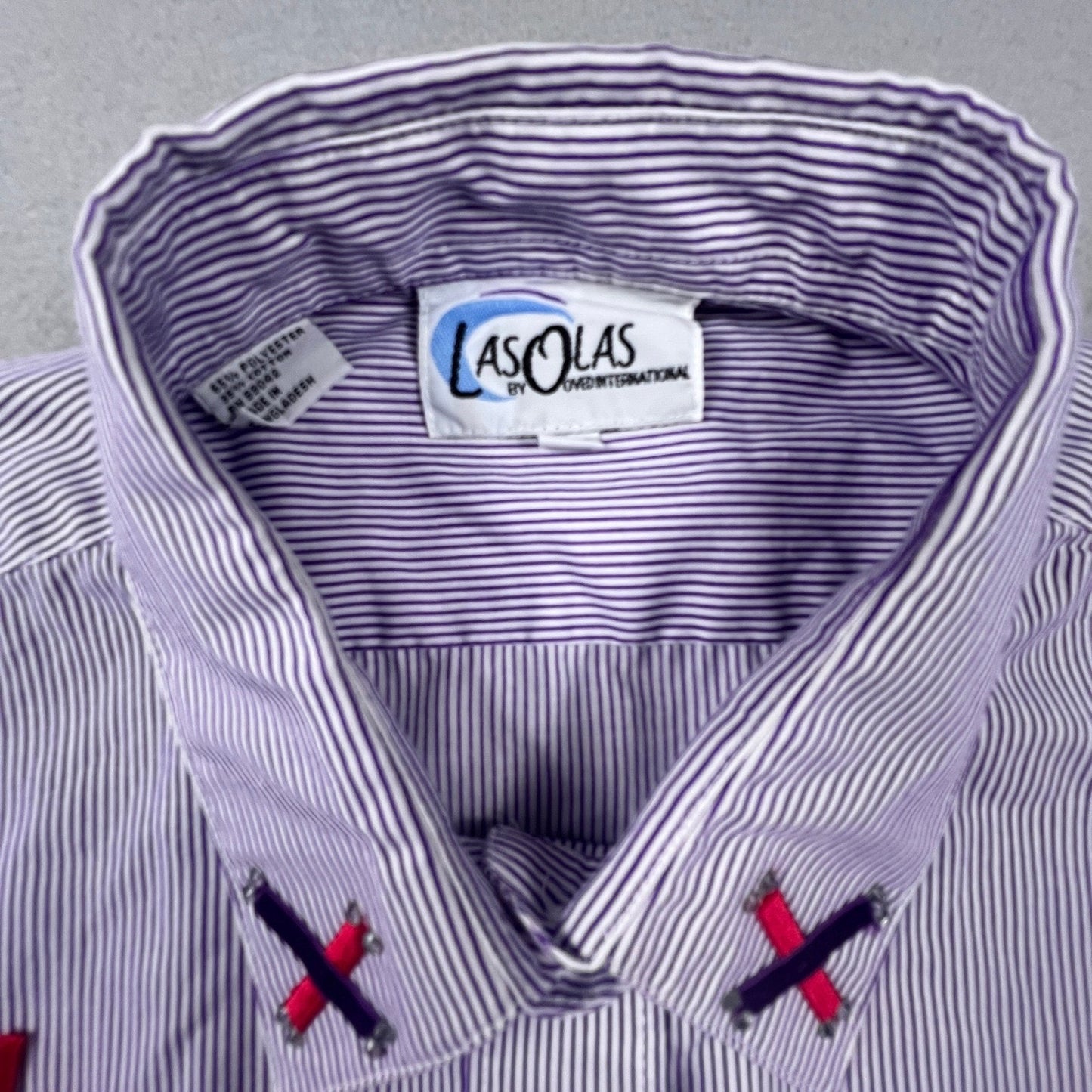 VTG Las Olas Button Down Shirt Womens L Purple Pinstripe Rhinestone Fashion Art