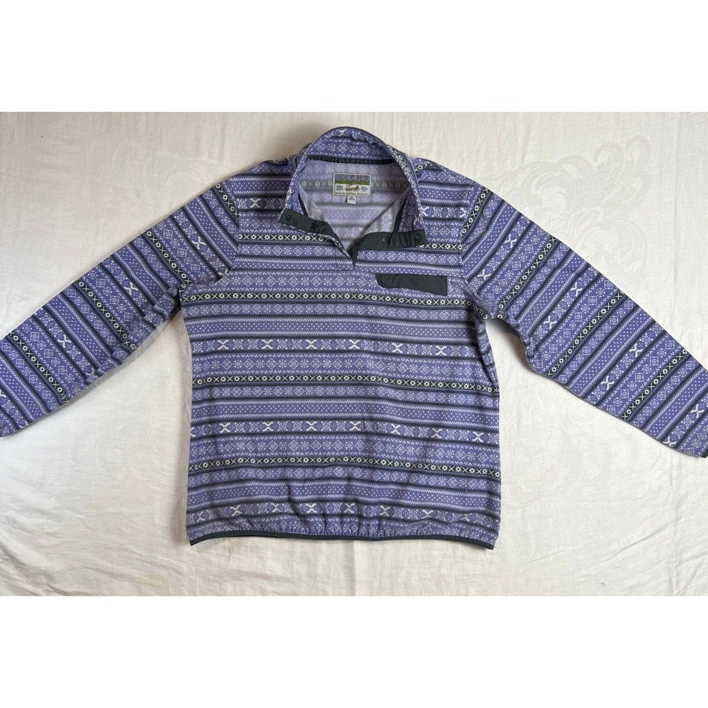 Fair Isle Fleece Mens XL Pullover Snap Neck Cabin Sweater Purple JACHS