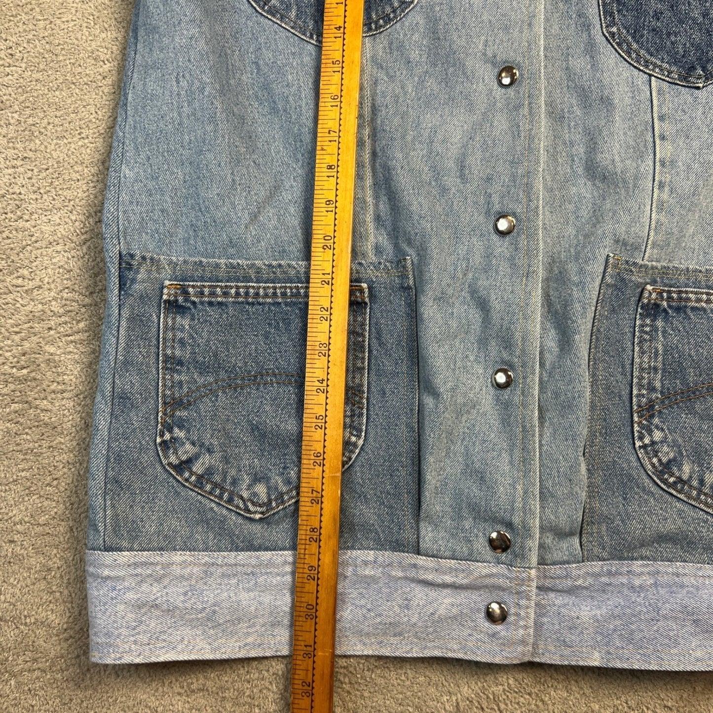 Vintage Denim Patchwork Jacket Women's Large Chore Coat Acid Wash Longline Blue
