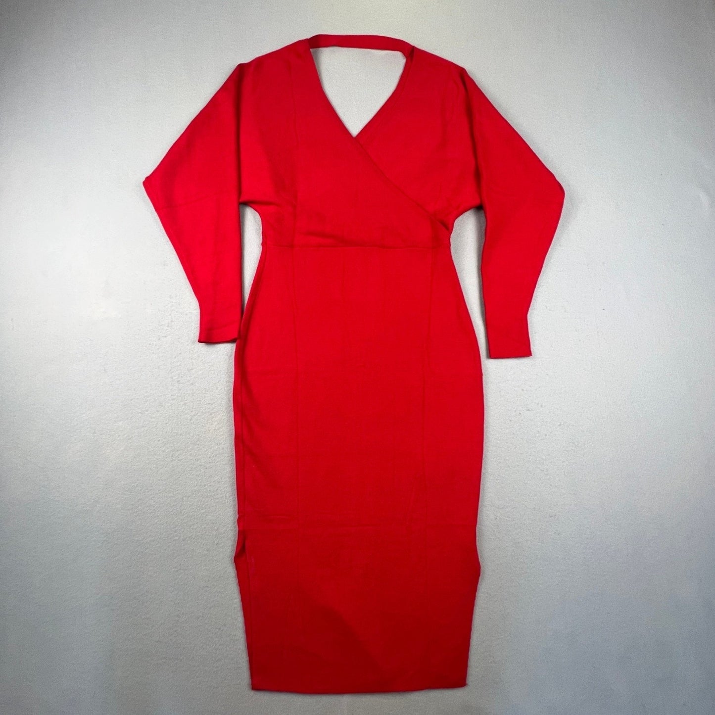 Knit Wrap Midi Dress Women M Red Tie Waist Long Sleeve Cocktail Dress Datenight