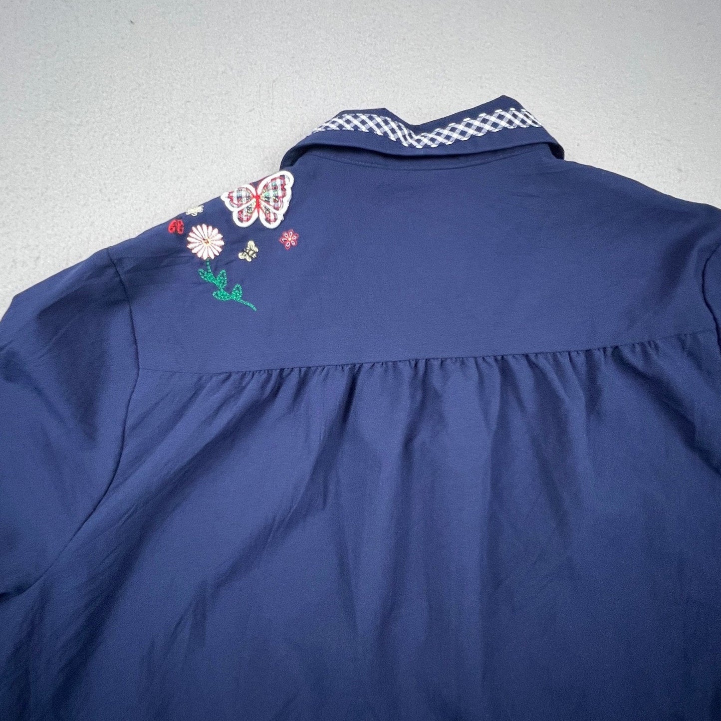 BonWorth Button Up Shirt Womens M Navy Blue Floral Butterfly Gingham Trim Granny