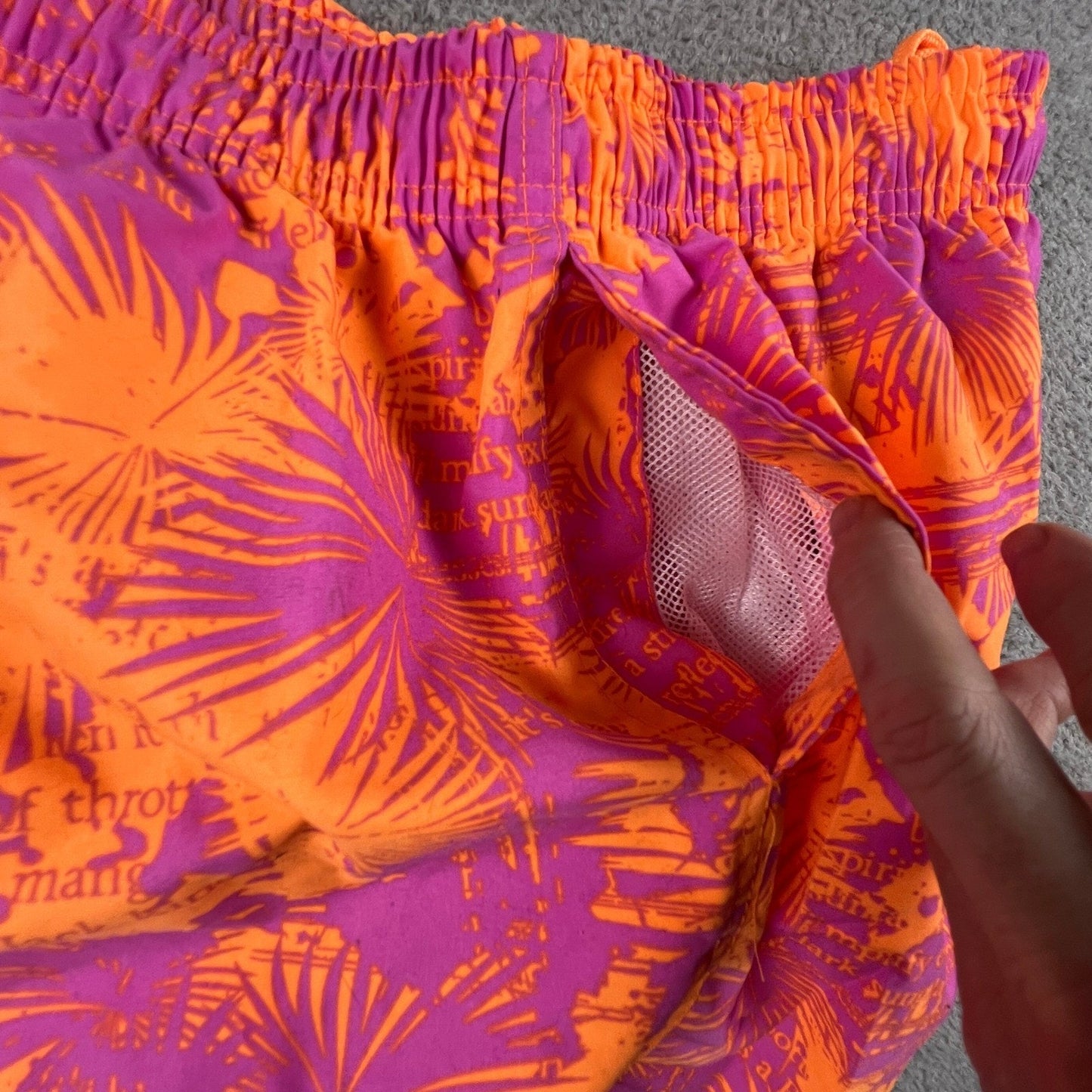 Panama Jack Swim Trunks Mens Medium Orange Purple Tropical Palm Script Beachwear