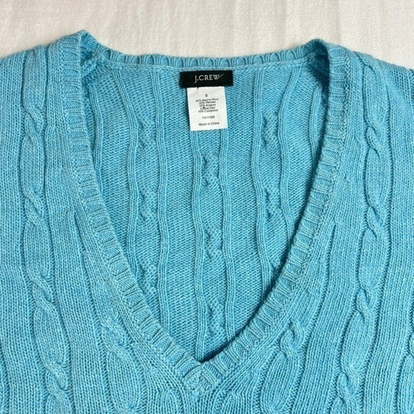 J.Crew Cable Knit Sweater Womens Small Blue Merino Wool V Neck Preppy Classic