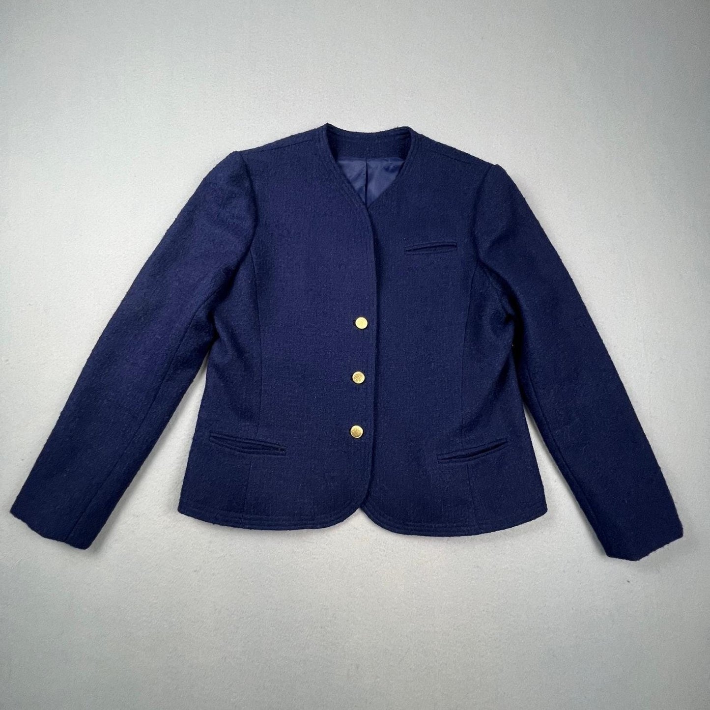 VTG Young Traditions Blazer Women 14 Navy Blue Gold Button Wool Blend Preppy