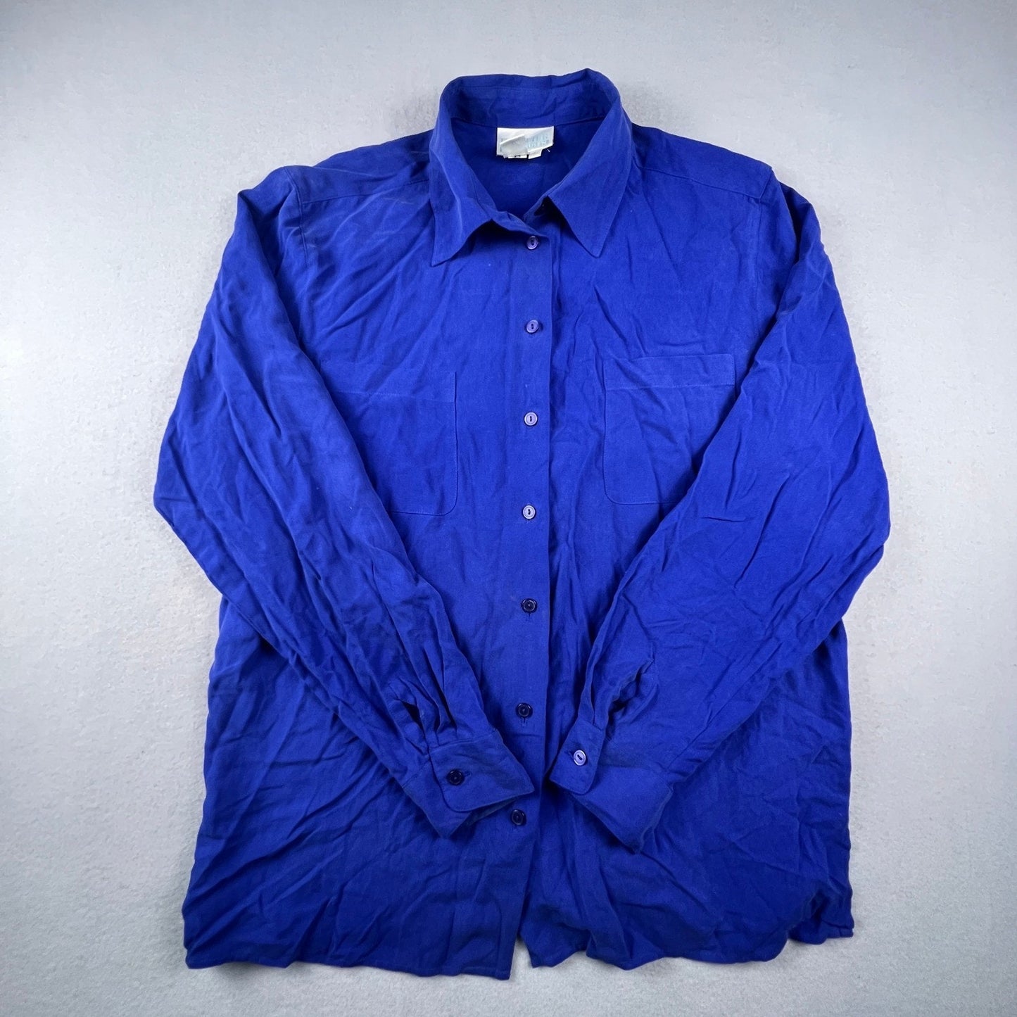 VTG Van Heusen Silk Button Up Shirt Womens Large Blue Long Sleeve Blouse Office Chic