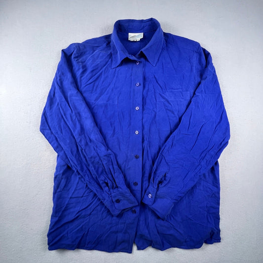 VTG Van Heusen Silk Button Up Shirt Womens Large Blue Long Sleeve Blouse Office Chic
